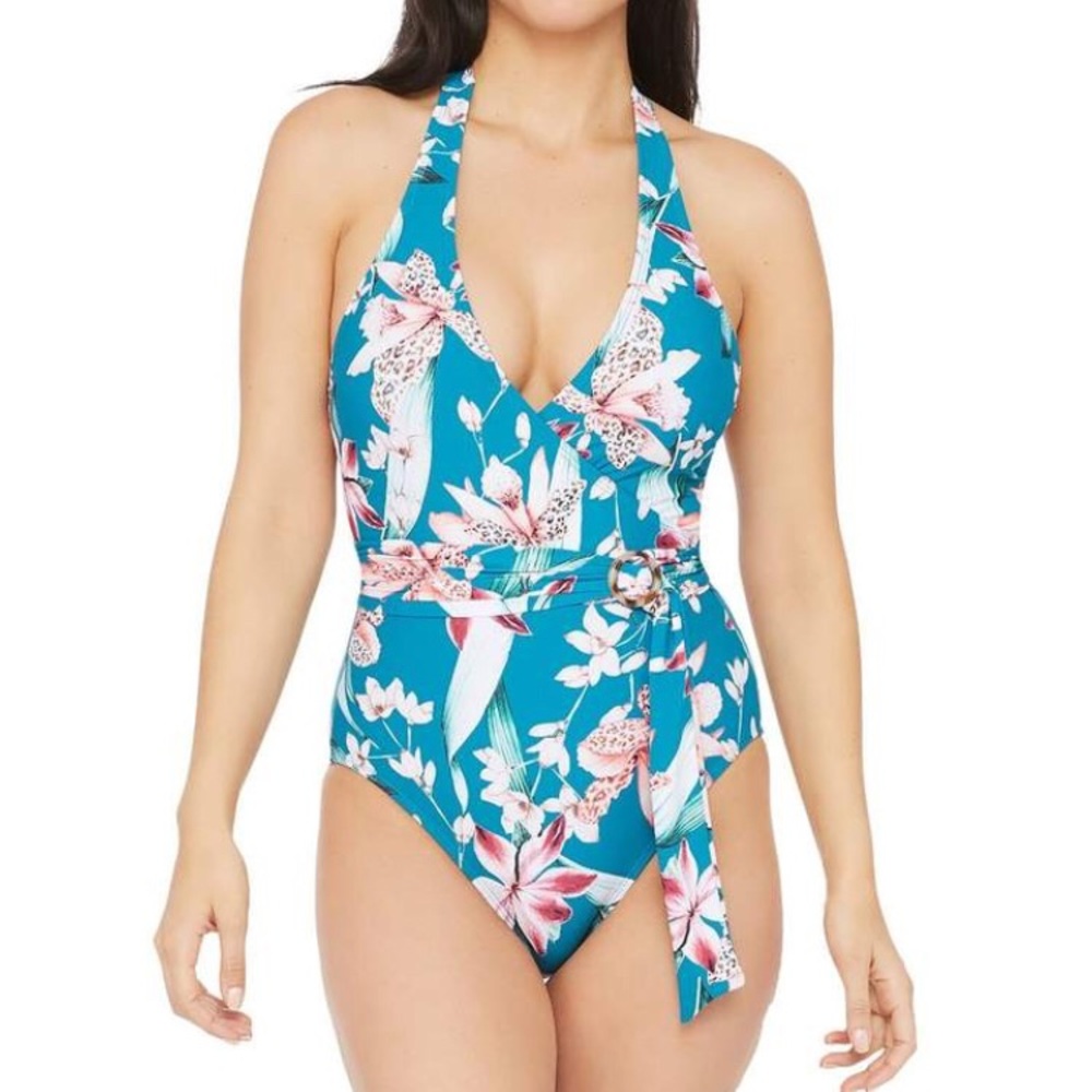 La Blanca Flyaway Orchid Wrap Belted Onepiece